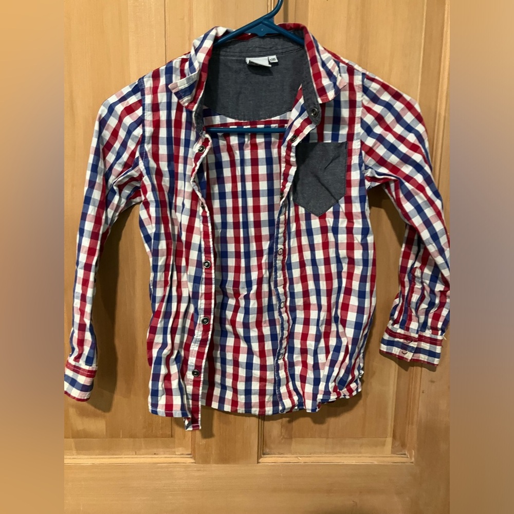 Ebbe Kids button down shirt, red and blue plaid, size 130 (6-7 in US sizes)